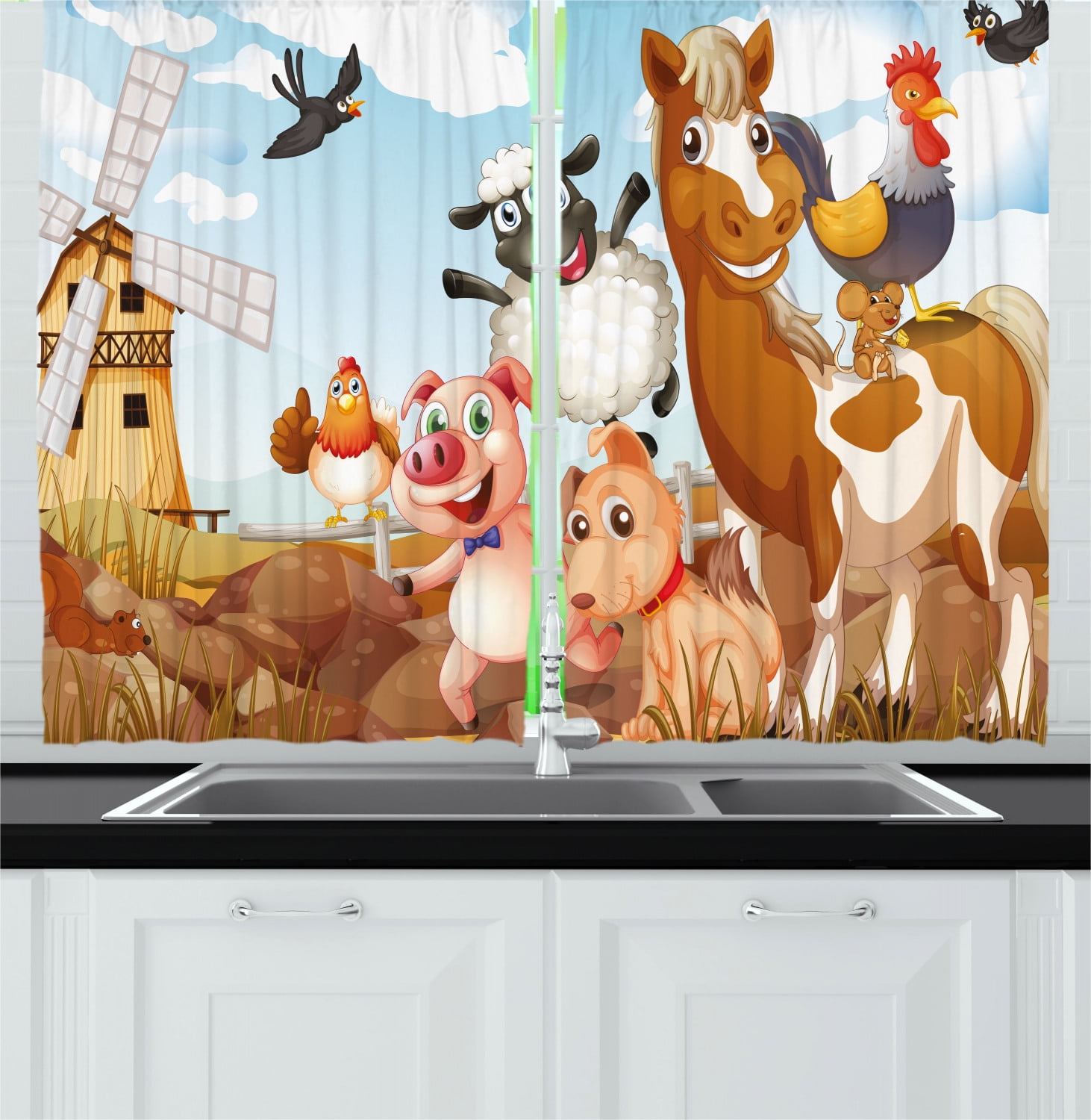 Kids Curtains 2 Panels Set, Illustration of Animals in a Farm with Cloudy Sky and Windmill Print Art, Window Drapes for Living Room Bedroom, 55W X 39L Inches, Pale Blue and Brown, by Ambesonne