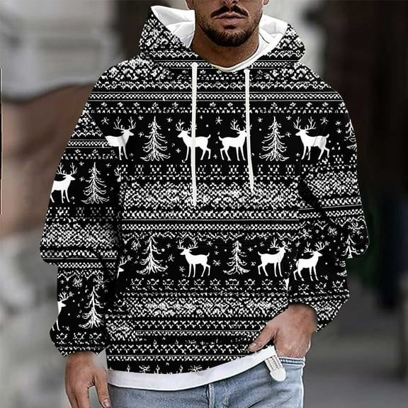 Yusimy Mens Fashionable Christmas Printed Hoodie Jacket with Pockets & Drawstring Long Sleeve Pullover Casual Winter Style