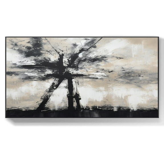 Beige and black abstract painting wabi-sabi wall art black and yellow texture painting canvas modern abstract painting,(41*81cm)16*32 Inches,Unstretched,Frameless