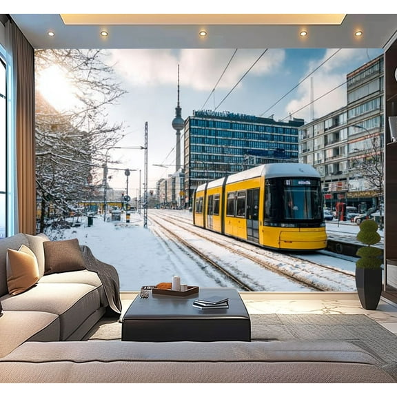 Peel and Stick Wallpaper yellow street car snowy central berlin under winter sun Modern Art Wall Mural Decor Self Adhesive and Removable 100in x 144in