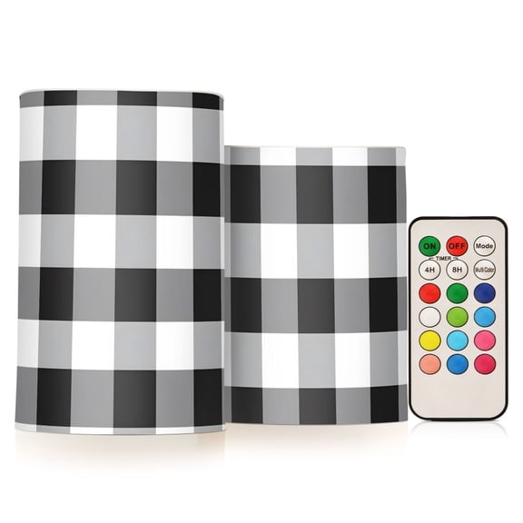 Black White Grey Plaid Pattern Flickering Flameless Candles Battery Operated with Remote Timer LED Pillar Candles Set of 2