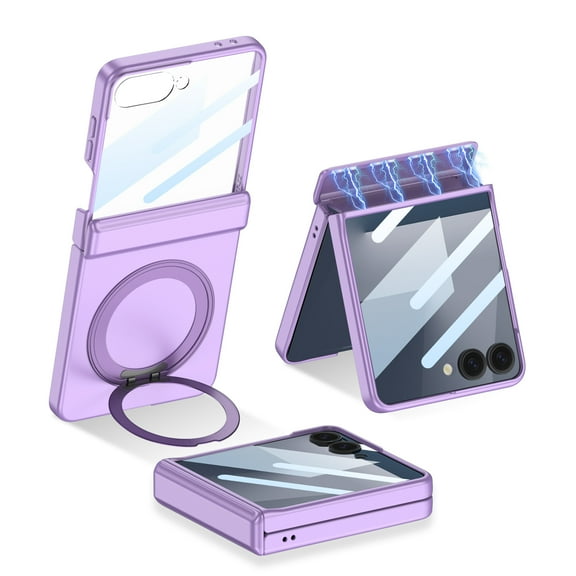 Allytechgroup Magnetic Case For Samsung Galaxy Z Flip 7 with Tempered Glass Screen Protector, Stand Rugged Slim Cover Hinge Protection Wireless Charging Support Phone Case for Galaxy Z Flip 7,Purple