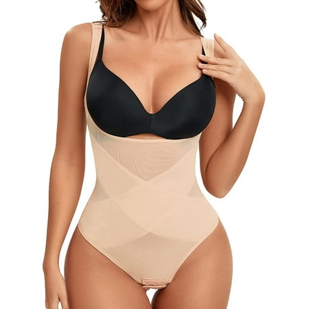 

Vaslanda Shapewear for Women Cross ab Compression Tummy Control Thong Bodysuit Open Bust Body Shaper