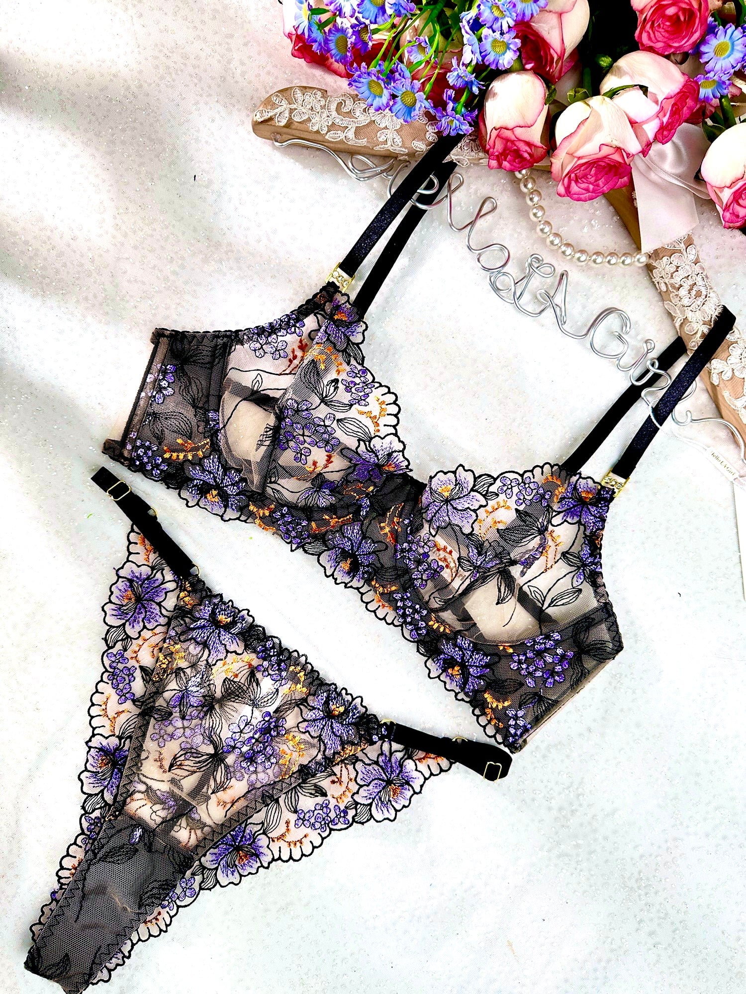 Elegant Noir Black Lace Lingerie Set (BLACK, 3XL)
