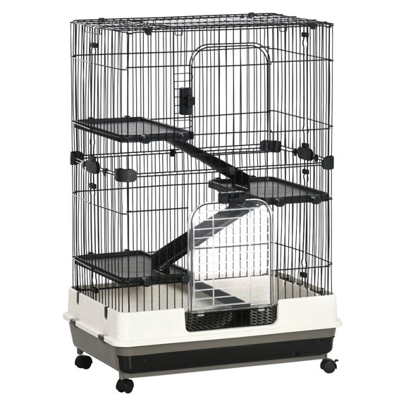 32L 4-Level Small Animal Cage with Wheels Slide-out Tray Black for Bunny Chinchillas