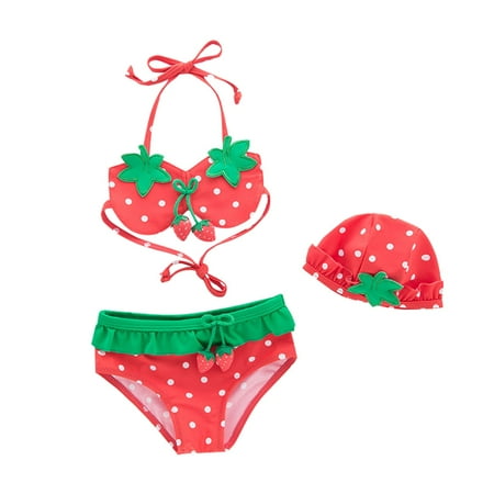 Toimothcn Girl s Swimsuit Sleeveless Cute Sweet Strawberry Printed 3 Peice Bikini Set Quickly Dry Cover Up Swimwear 12-24 Months