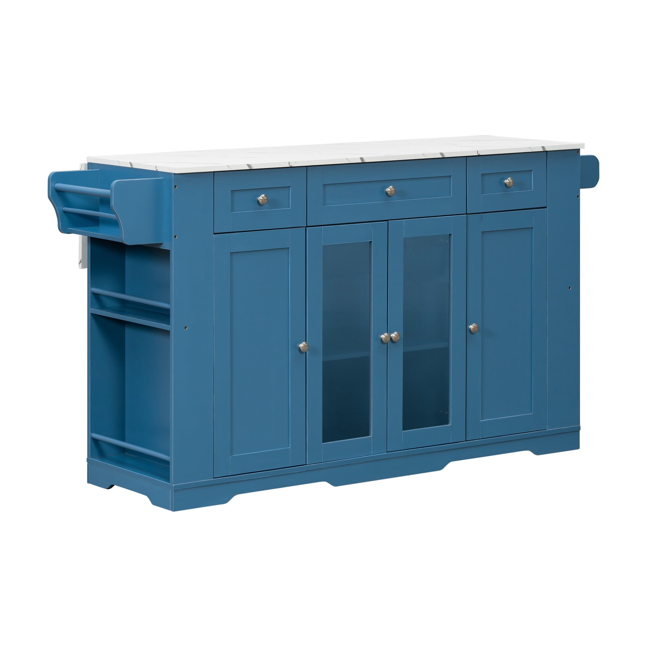 Christopher Knight Home 63" Mobile Kitchen Island Cart, Marble-Look Top, Multi‑Drawer Cabinet, Blue