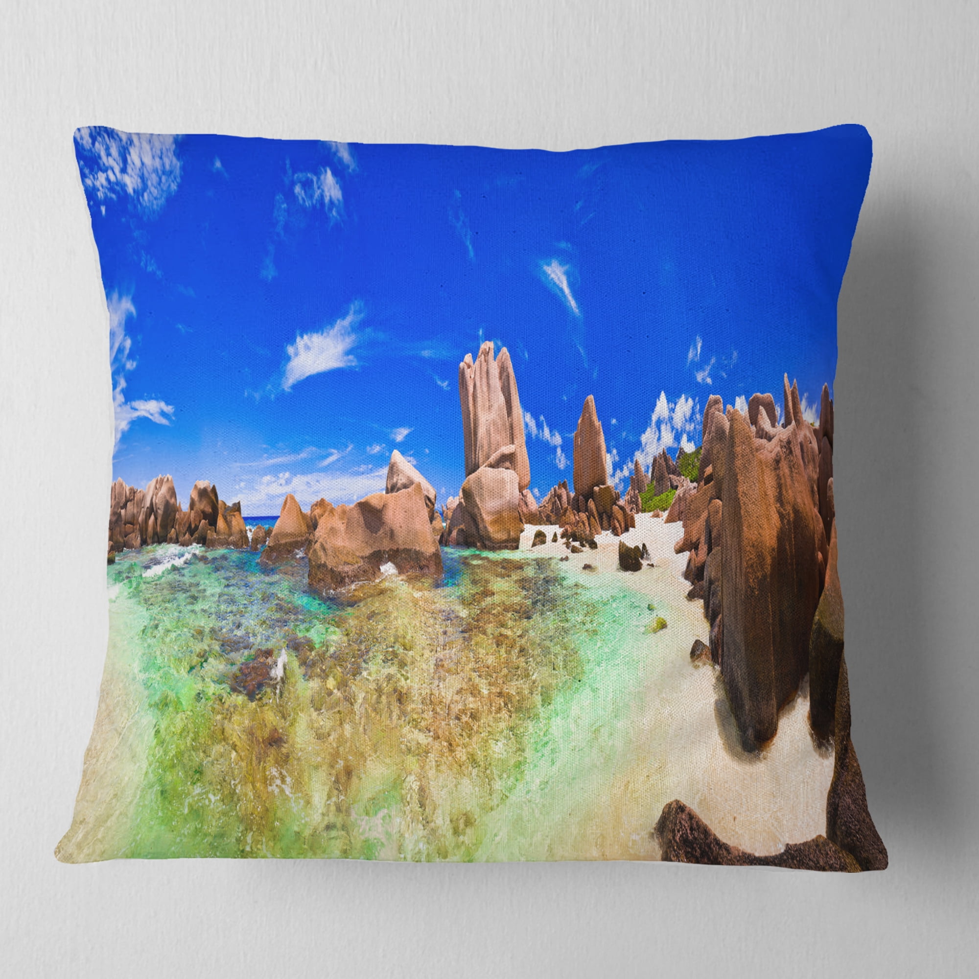 Designart Bright Tropical Beach Panorama - Landscape Photography Throw Pillow - 18x18