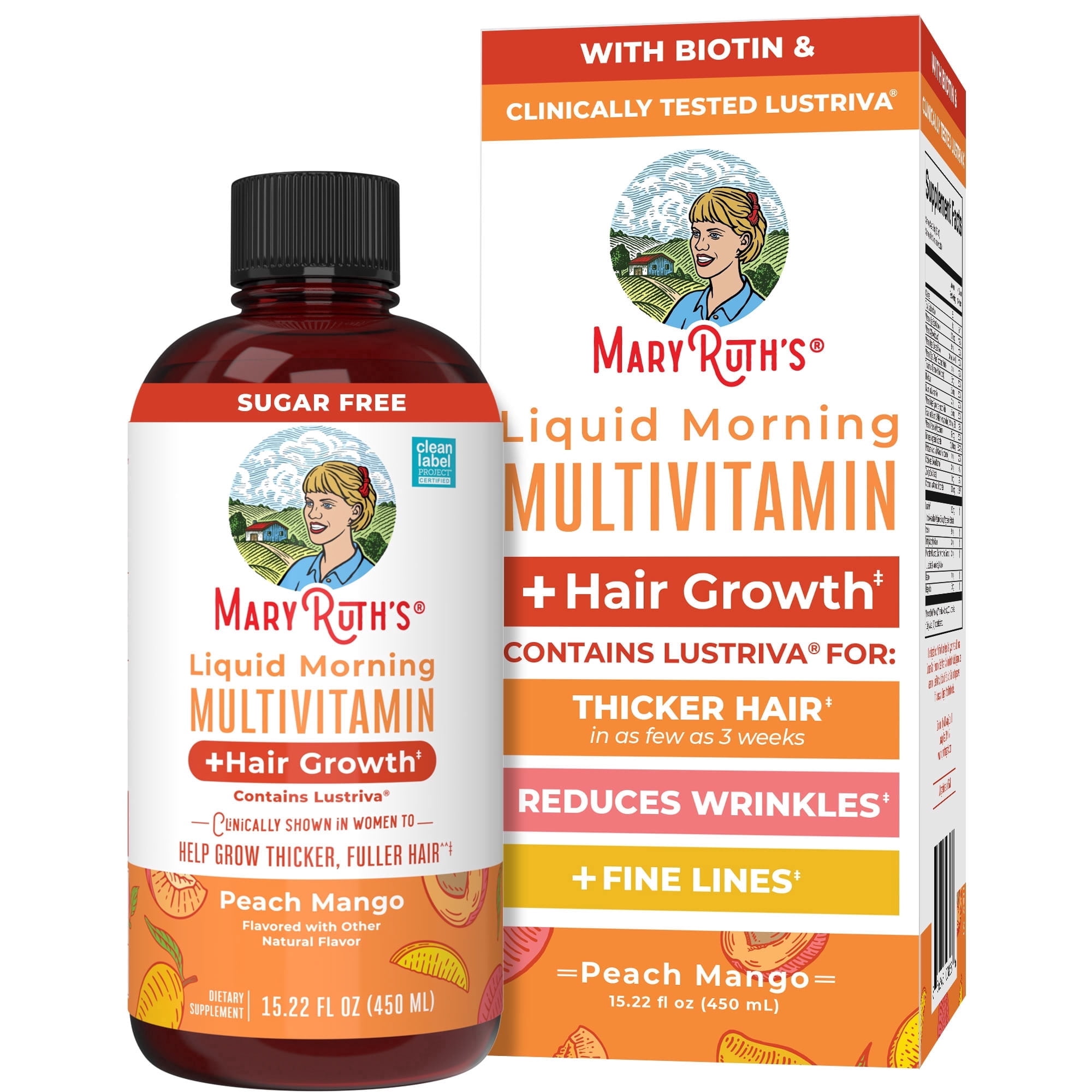 MaryRuth's Liquid Multivitamin + Hair Growth with Biotin 10000MCG, Lustriva, Vegan Gluten-Free, Peach Mango Flavor, Adults Ages 18+, 15.22 fl oz