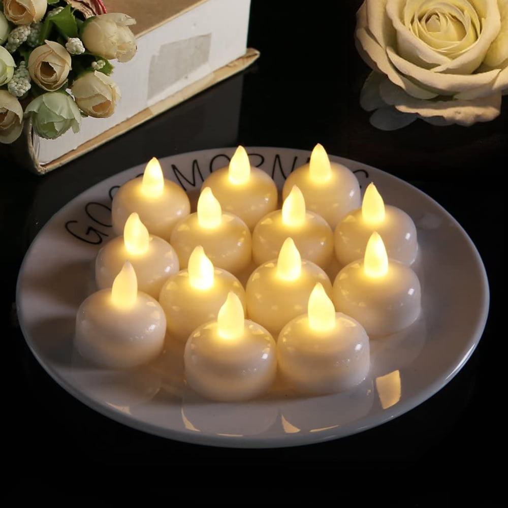 12 LED Warm White Floating Flickering Tea Candle Waterproof Wedding Floral Vase 