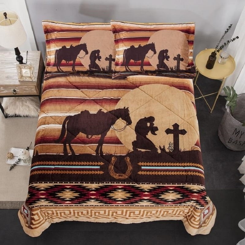 Details about   Sherpa Borrego Cowboys Southern Horses Fleece Blanket 3 Pieces Queen King Set 