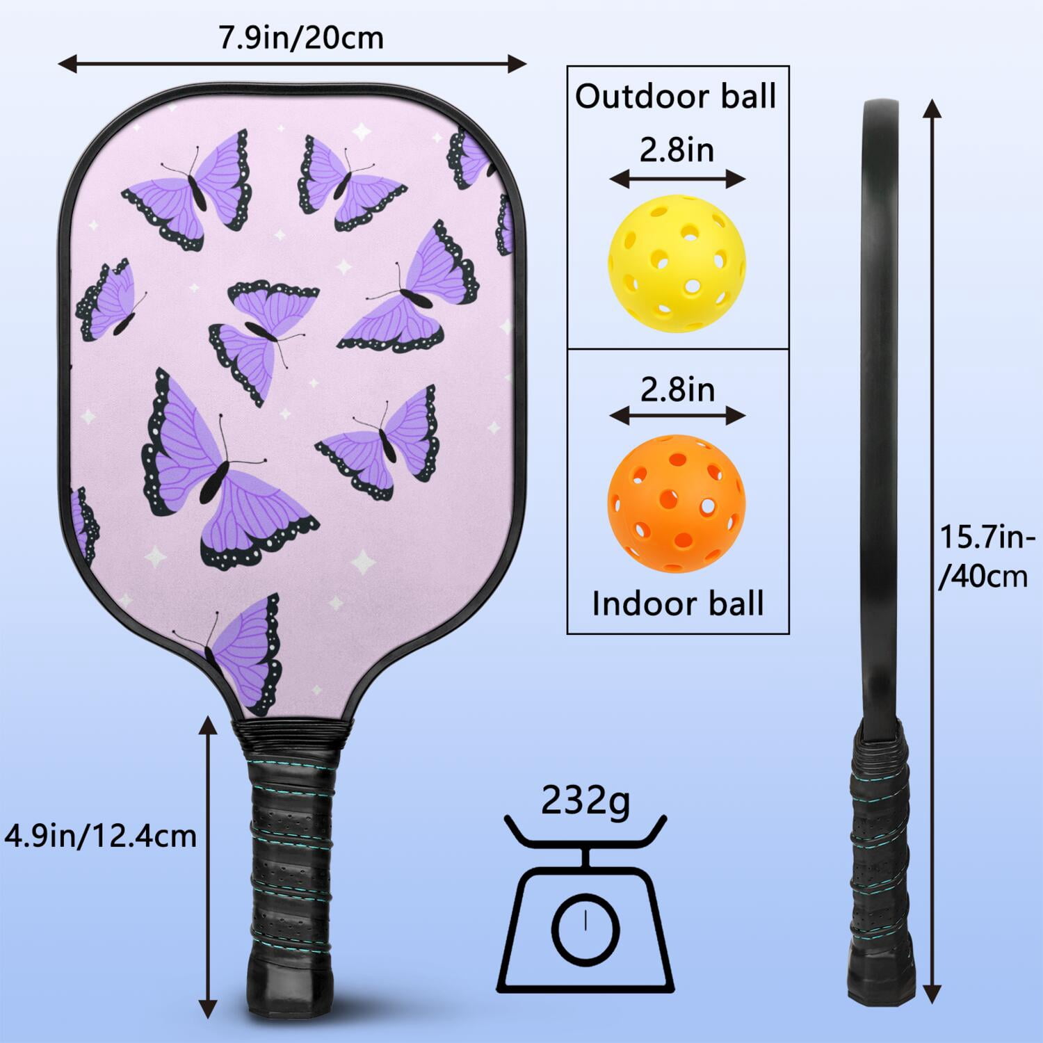 Pickleball Paddles Set Of 1, Fiberglass Surface, Boho Butterfly Decor, 1 Paddle, 2 Balls & Bag