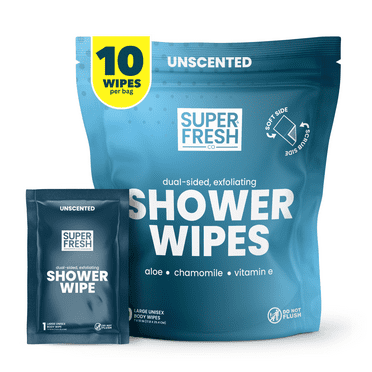 Super Fresh FunkBlock Shower Wipes - Large Body Wipes for Hygiene, Camping Wipes, Gym & Travel. No Rinse Bathing Wipes with Aloe & Vitamin E. Unscented. Bag of (10) Individually Wrapped Wipes
