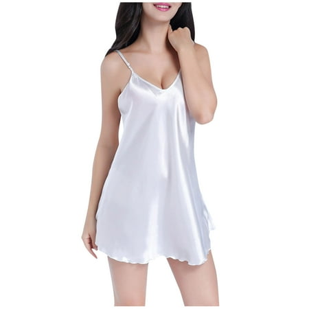 VONCOS Women Sleepwear- Sexy Lingerie Nightgown V Neck Lace Pajamas Summer Sleeveless Off-The-Shoulder Silk Satin Thin V-Neck Sling Babydoll Nightshirt for Women White Size L