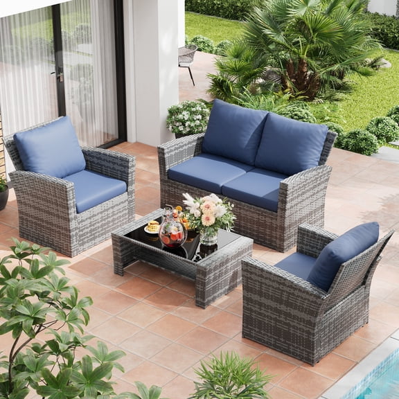UDPATIO 3 Piece Patio Set Rocking, Rattan Outdoor Rocking Patio Bistro Set for Backyard, Porch, Balcony, Poolside(Blue)