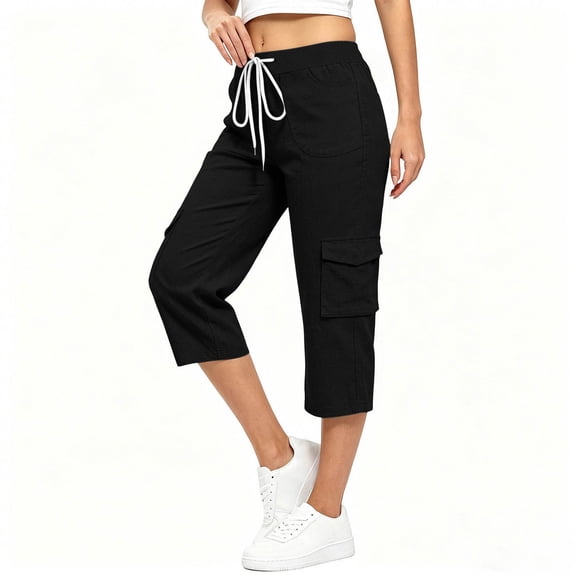 Juesizh Cargo Capris for Women Plus Size Solid Color Capris Fashion Casual Drawstring Elastic Waist Summer Pants, S-3XL