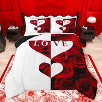 jejeloiu Rose Loves Pattern Queen Comforter Set,Romsntic Valentins'S Day Bedding Sets,Red White Bedding Comforter Set For Men Women,Luxury Bedroom Decor Reversible,3pcs