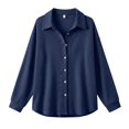 thumbnail image 4 of Women's Openwork Lapel Shirt, Long Sleeve Button Down Blouse, Breathable Loose Fit Top, Cutout Detail Casual Shirt, Woven Fabric Tunic Style Top Navy XXL, 4 of 5