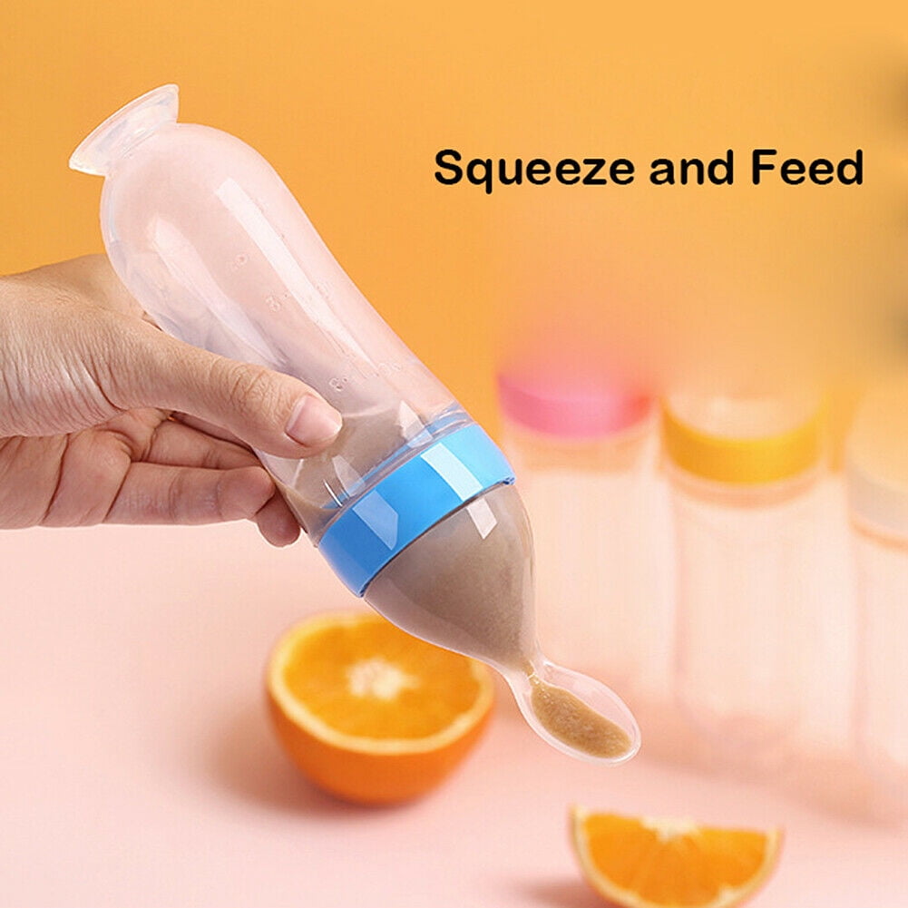 Baby Silicone Squeeze Feeding Bottle with Spoon – Pink & Blue Baby Shop