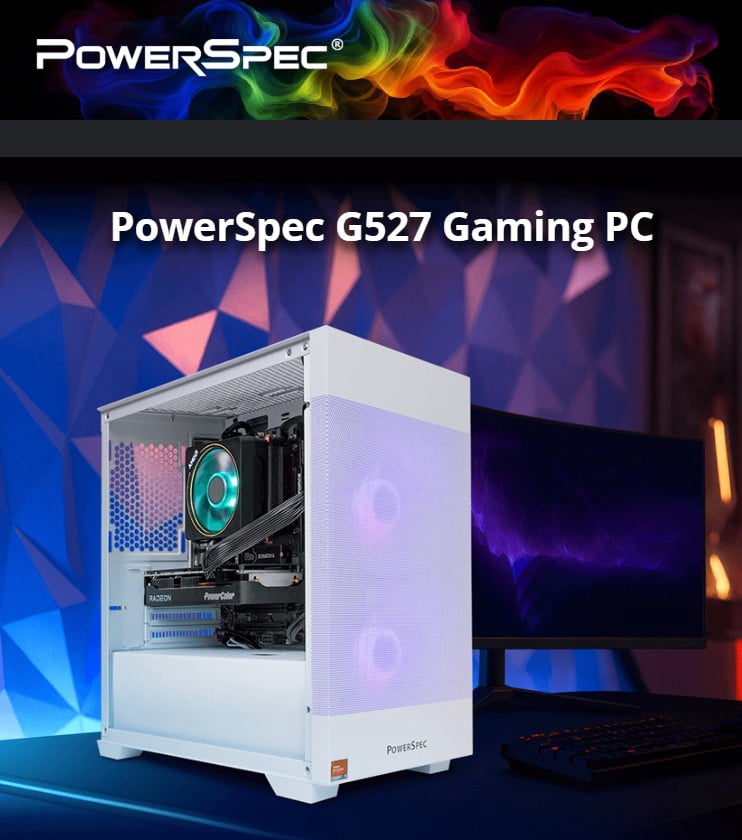 PowerSpec G527 Gaming PC AMD Ryzen 5 7500X3D 4.0GHz Processor, AMD Radeon RX 9060 XT 16GB GDDR6, 32GB DDR5-6000 RAM, 1TB NVMe, WiFi 6E (802.11ax), Bluetooth 5.3, Windows 11 Home