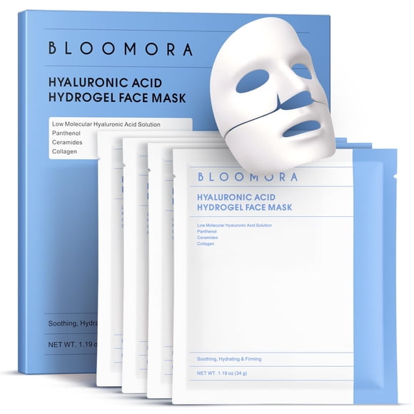 BLOOMORA Mascarilla facial de ácido hialurónico y colágeno durante la noche Mascarilla facial hidratante de hidrogel Hidratante y reafirmante Solución de bajo peso molecular Colágeno Cuidado de la pie