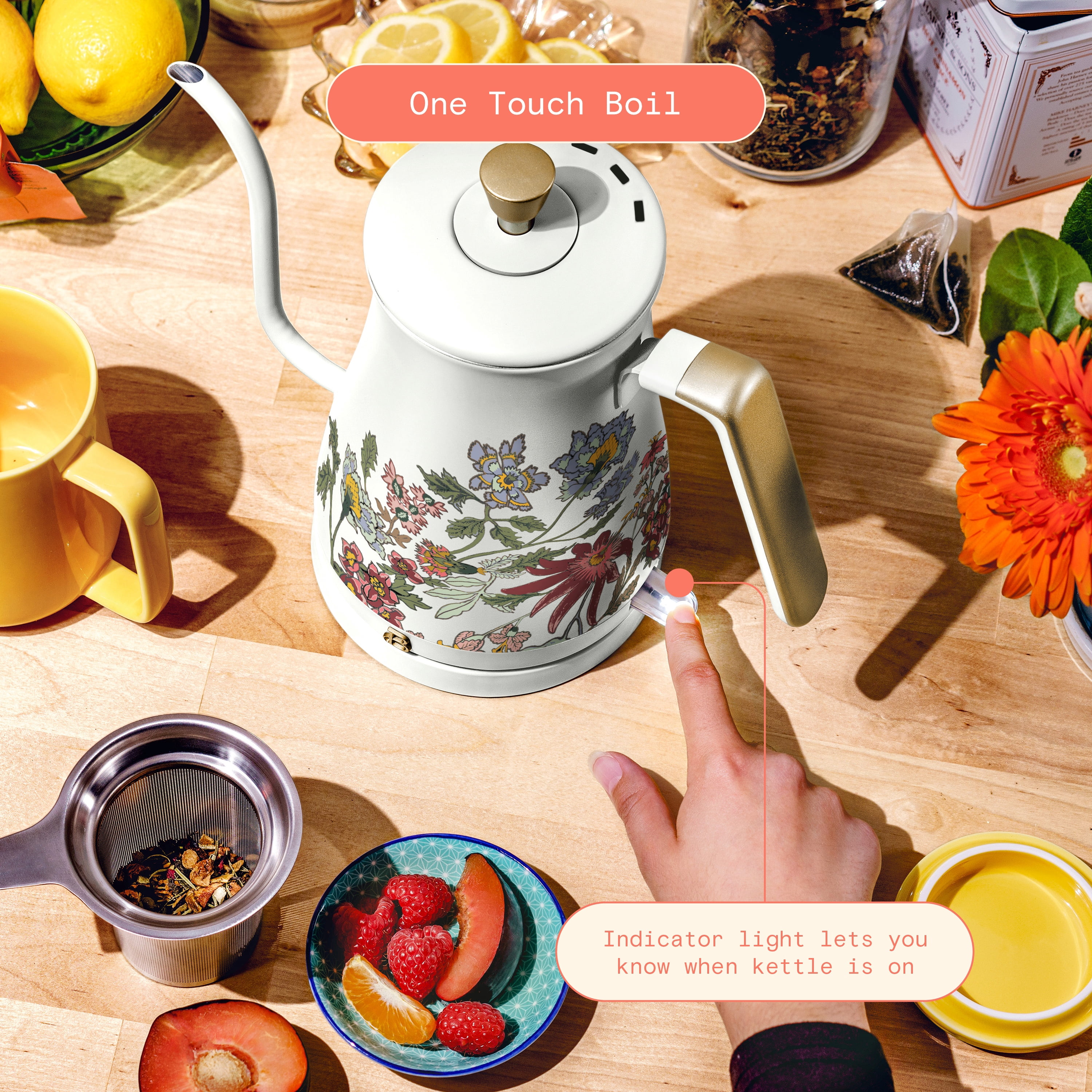 Beautiful 1-Liter Electric Gooseneck Kettle 1200 W, Wildflower White Icing by Drew Barrymore