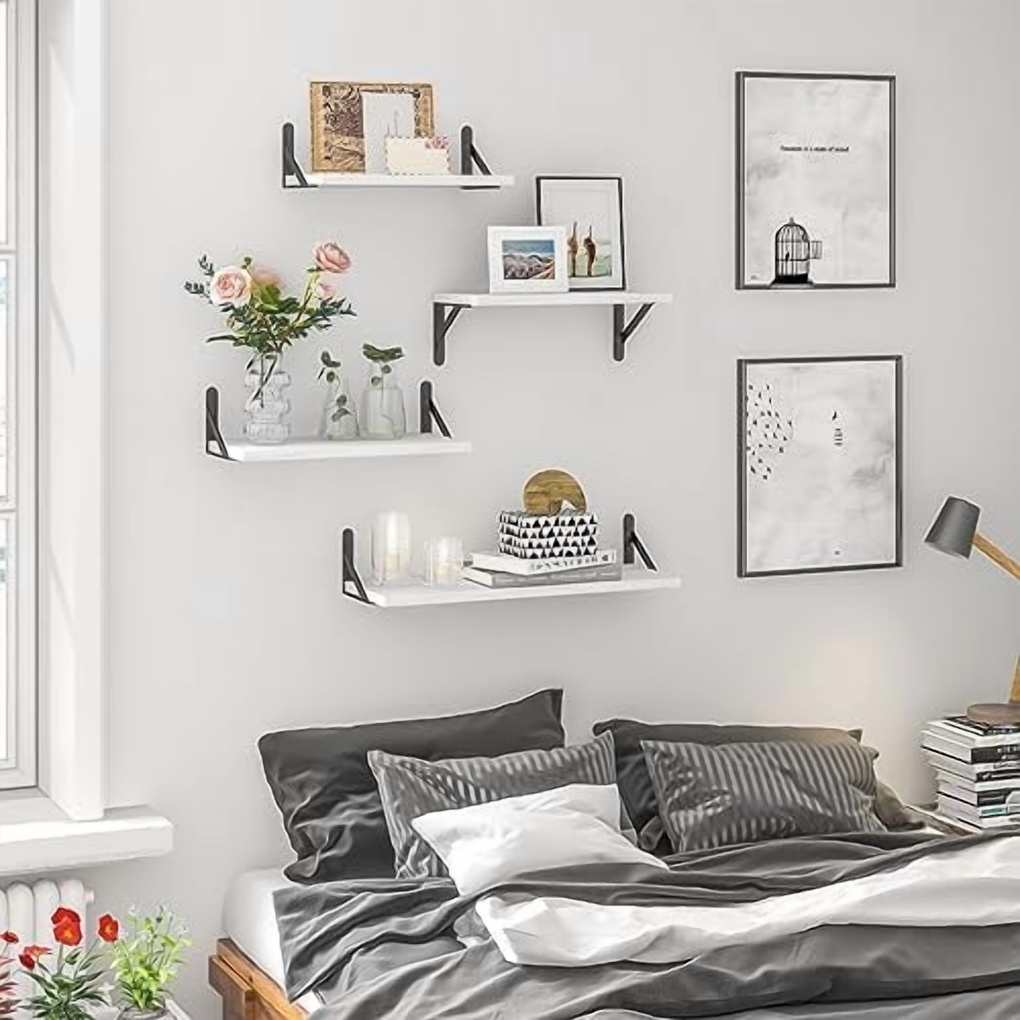 Floating Shelves for Wall, Different Sizes Rustic White Wall Shelves for Living Room, Bathroom, Bedroom, Kitchen, Home Decor (Set of 4)