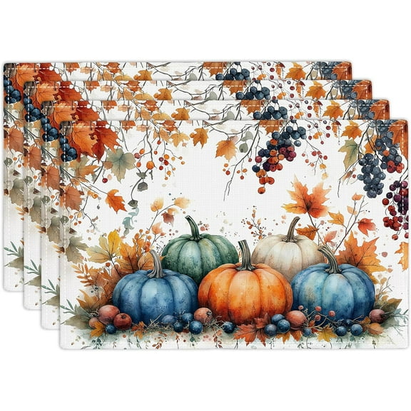 Fall Pumpkin Placemats Set of 4, 12x18 Inch Autmun Maple Leaf Table Place Mat Farmhouse Seasonal Washable Non-Slip Heat Resistant Fabric Placement Mats for Party Dining Kitchen Indoor Outdoor Decor