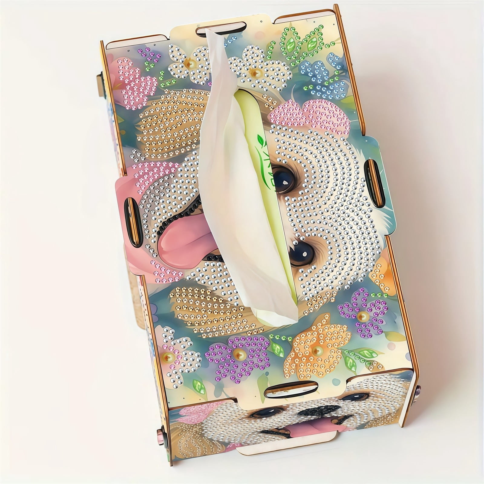 FLOPESN DIY Diamond Art Painting Wooden Assembly Paper Box, 8.86*5.31in, Creative Design Table Decor Rectangular Paper Towel Storage Box-Puppy