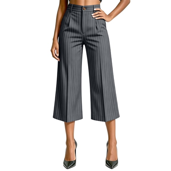 Bosfbaoi Capri Pants for Women Button Fly High Waist Pinstripe Cropped Culotte Pants Pleated Wide Leg Womens Pants Office Work Pants for Women