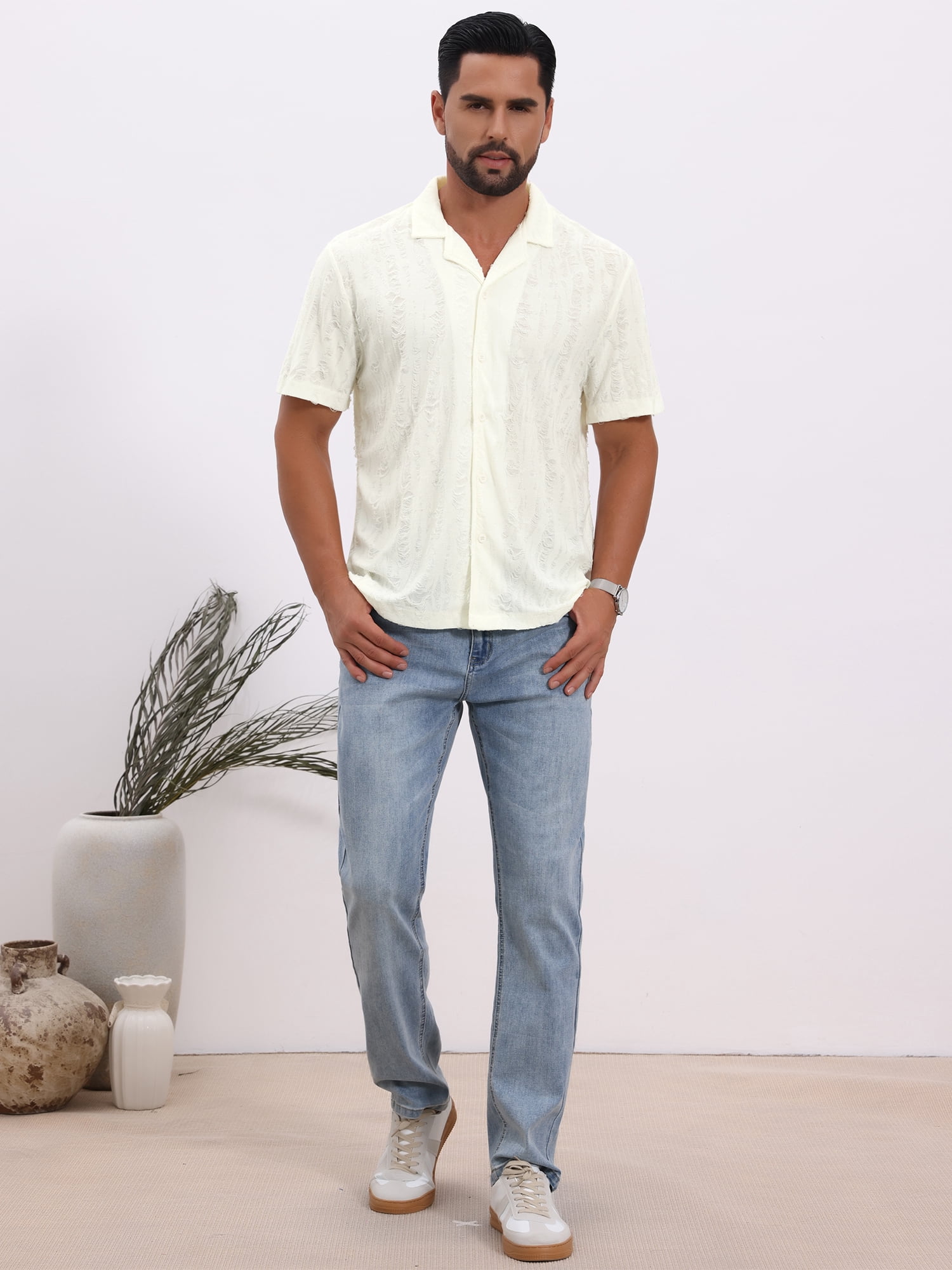 DARING DIVA Men's Camp Collar Button Down Short Sleeve Distressed Ripped Shirts 2XL Beige