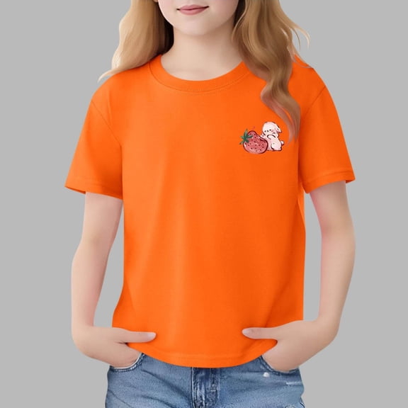 WQNVRNR Girls Rabbit Print T-Shirt- Cute Short Sleeve Summer Cotton Crew Neck Pullover Top Orange Size 10