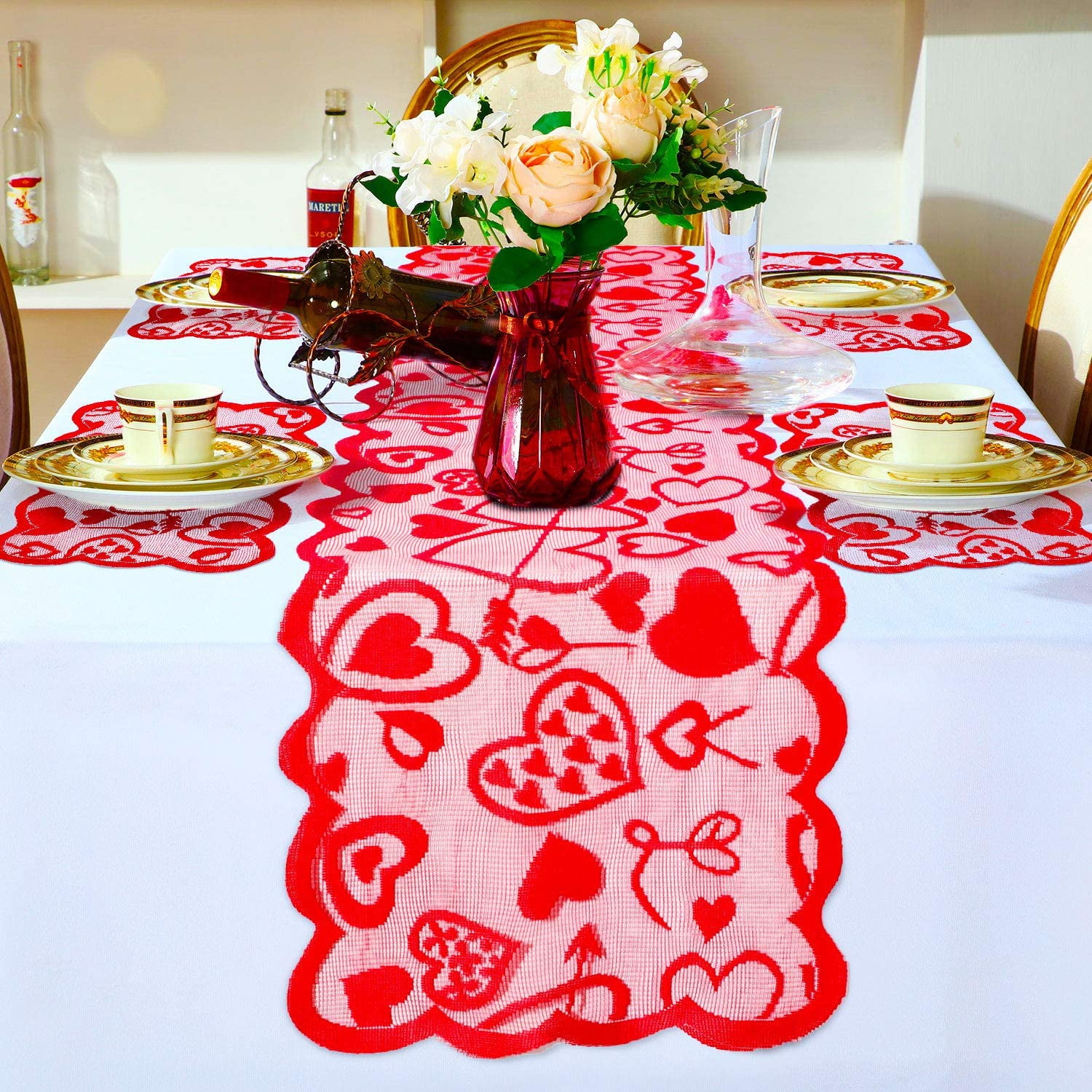 Valentine's Day Table Runner Placemats Red Heart Lace Table Runner