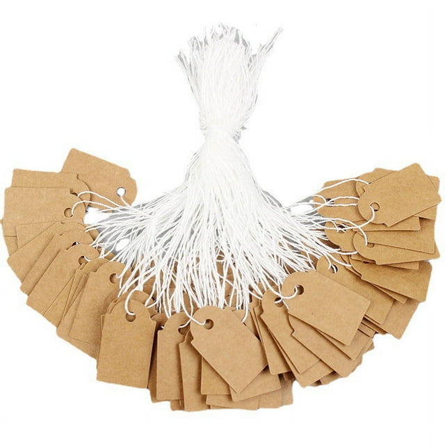 RV 300 piezas (marrón, 23 * 13 mm) Etiquetas de papel Kraft, Etiquetas de pantalla grabables Etiquetas de precio en blanco con cuerda colgante para bodas Día de San Valentín Ropa Embalaje de regalo brillar Electrónica