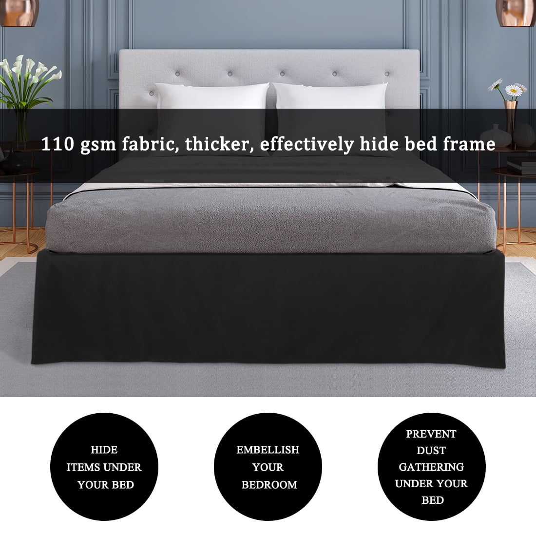 Unique Bargains 16" Drop Pleated Brushed Bed Skirt Queen Black
