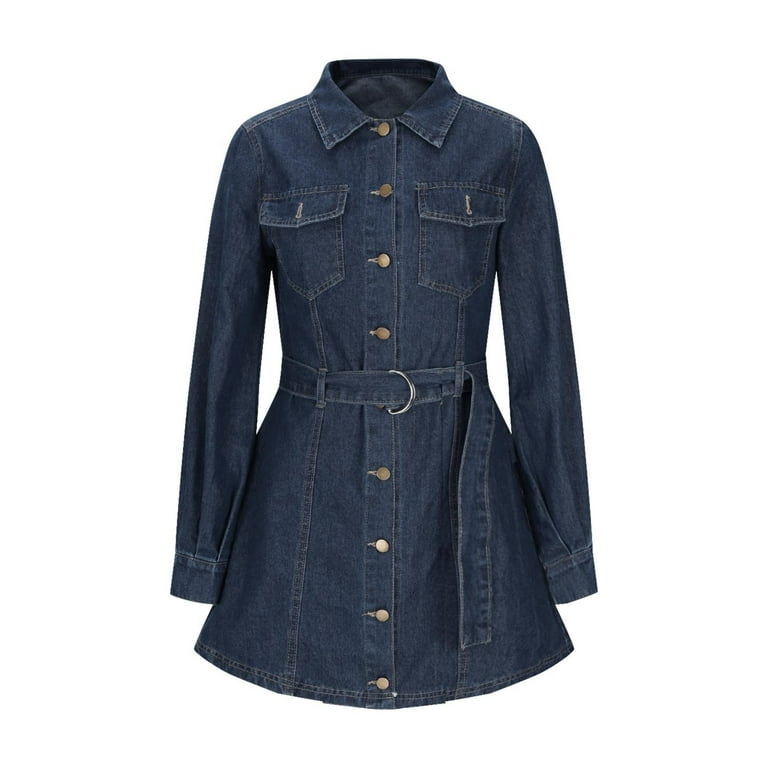 RYDCOT Denim Dresses for Women 2024 Trendy Long Sleeve Belted Turn  