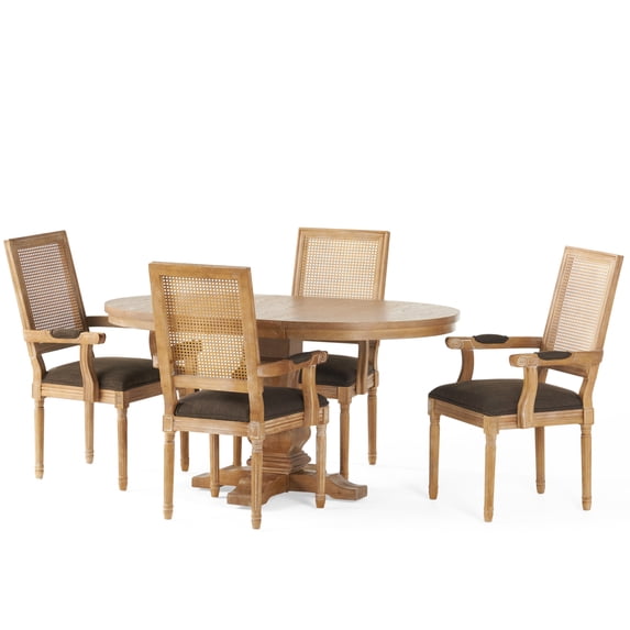 GDF Studio Zentner French Country Fabric Upholstered Wood and Cane 5 Piece Expandable Dining Set, Natural and Brown