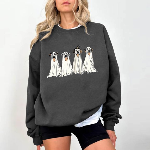 RKSTN Gray Womens Sweatshirts Graphic Spooky Dog Print Halloween Sweatshirts Long Sleeve Versatile Crewneck Sweatshirts Women