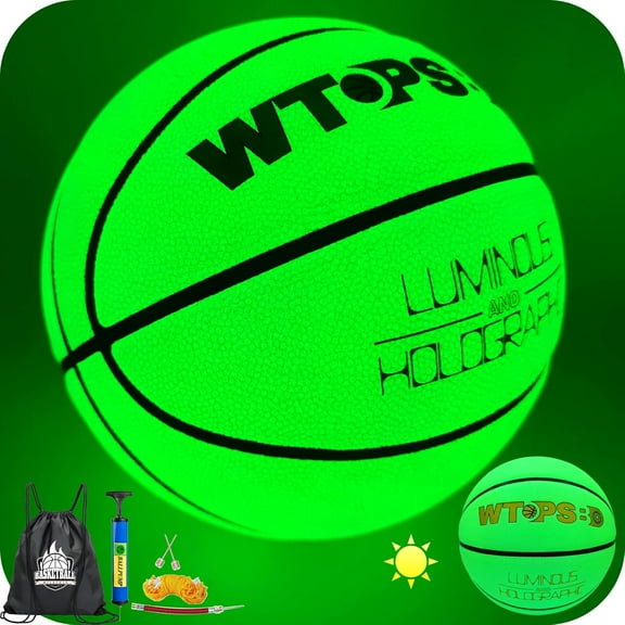 Basketball Glow in The Dark, Luminous Glowing Leather Basketball Green with Pump and Bag Indoor Outdoor PU Leather Basketballs Size 6 (28.5")