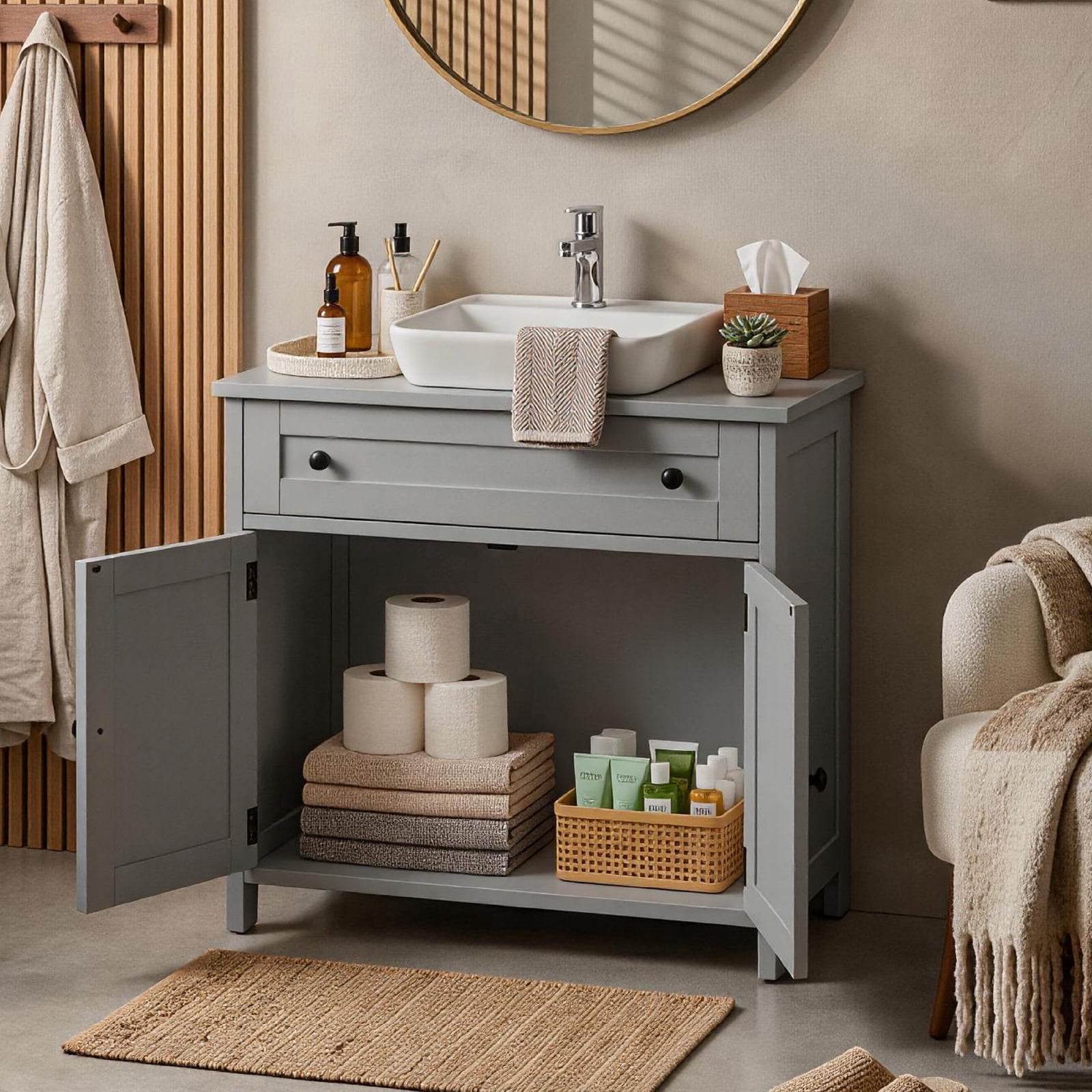 1-Drawer 2-Door Bathroom Vanity Bathroom Cabinet Washbasin Not Included, Grey 23.62*11.81*23.62in