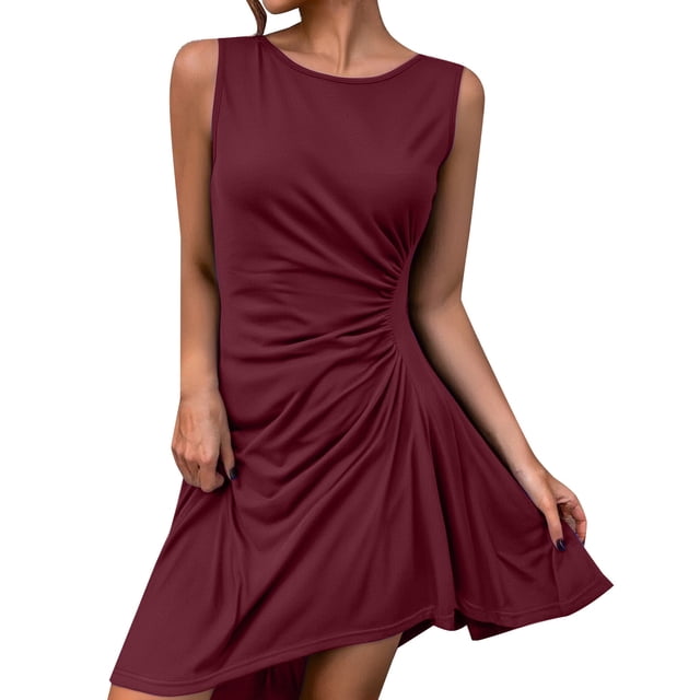 Vestido sin mangas con cintura fruncida y corte en A para mujer - Dobladillo asimétrico, vestido midi de cóctel para verano