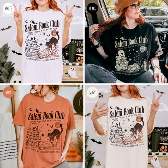 Comfort Colors Salem Book Club Unisex Tshirt, Spooky Reader Funny Book Lover Halloween Tee, Salem Witches Spooky Season Shirt, Bookworm Halloween Witchy, Yam Color, Size S