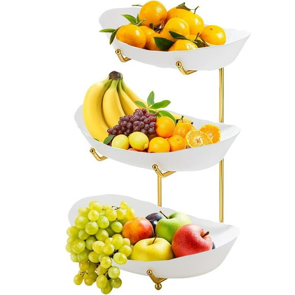 Fruit Bowl Basket for Kitchen Countertop,3 Tier Plastic Fruit Holder with Gold Metal Stand,Tiered Fruit Basket for Fruit Vegetable Storage,Snack,Nuts,Cake,Dessert,Small & Cute