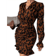 thumbnail image 2 of Vestido Neón para Mujer, Escote en V, Larga, Estampado de Leopardo, Arrugas, Ajustado, Midi, para Club. Marrón M, 2 of 5
