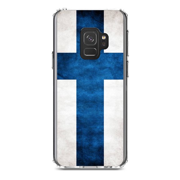 DistinctInk Clear Shockproof Hybrid Case for Samsung Galaxy S9 (5.8" Screen) - TPU Bumper, Acrylic Back, Tempered Glass Screen Protector - Finland Old Flag - Finland