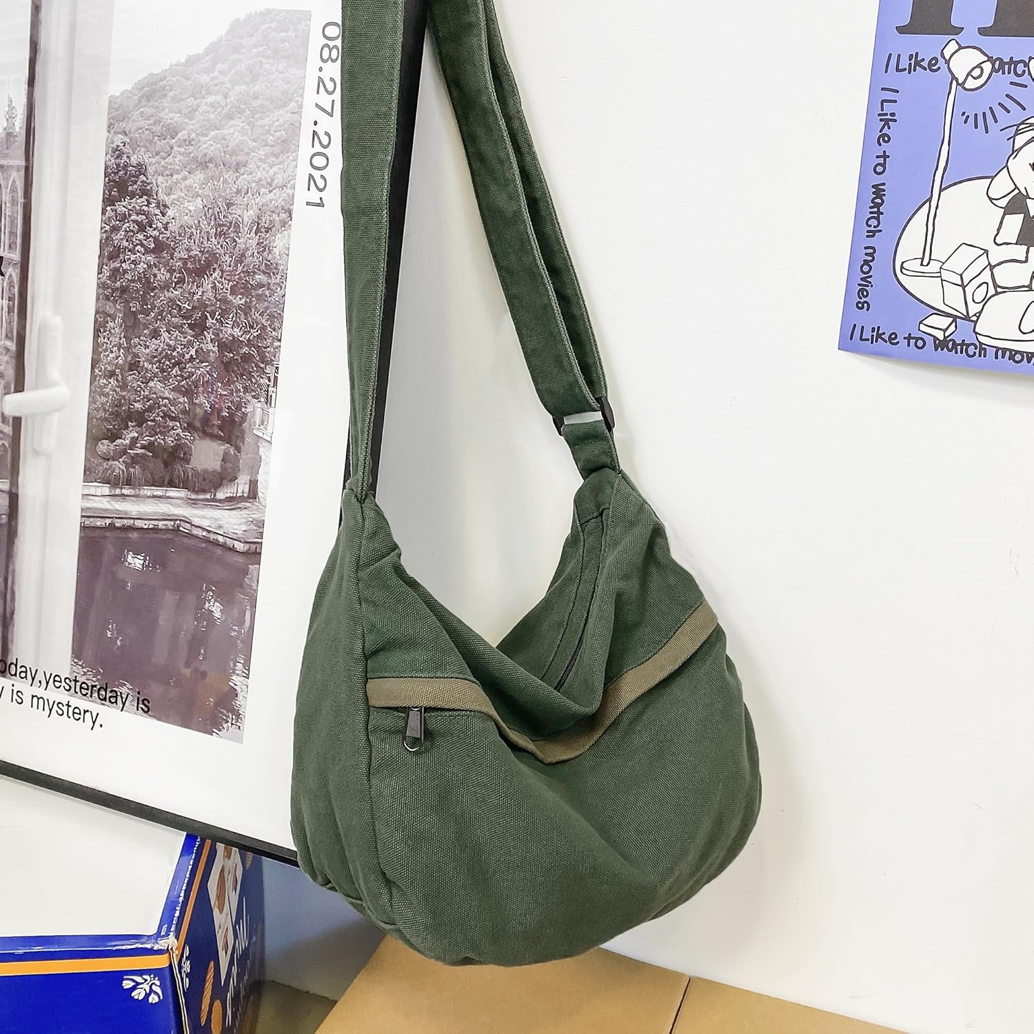 Canvas Messenger Bag Large Hobo Crossbody Bag with Zipper Casual Shoulder Tote Handbag for Women and Men