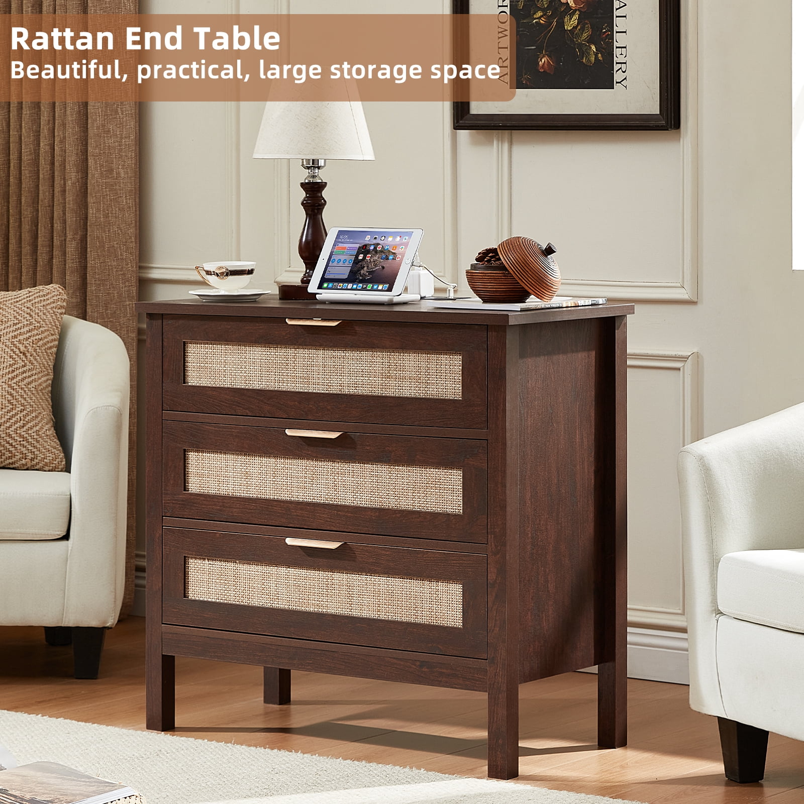 2 Pcs Leyaoyao 3-Drawer Storage Nightstand with Charging Station, 31.5" Wide Rattan Bedside Table, Boho Storage Cabinet with Shelf for Bedroom, Living Room, Walnut