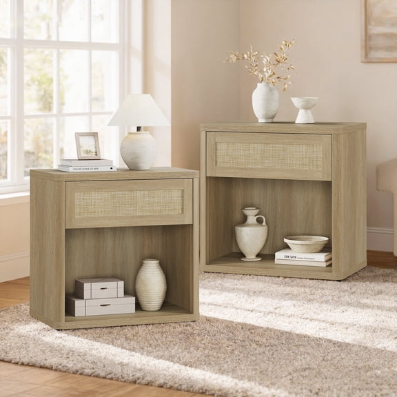 SICOTAS Rattan 27"W Nightstand Set of 2, Boho Bedside Table with Large Drawer & Open Storage Shelf, Coastal Nightstand, Small Farmhouse Wood End Side Table for Bedroom, Living Room, Natural Oak