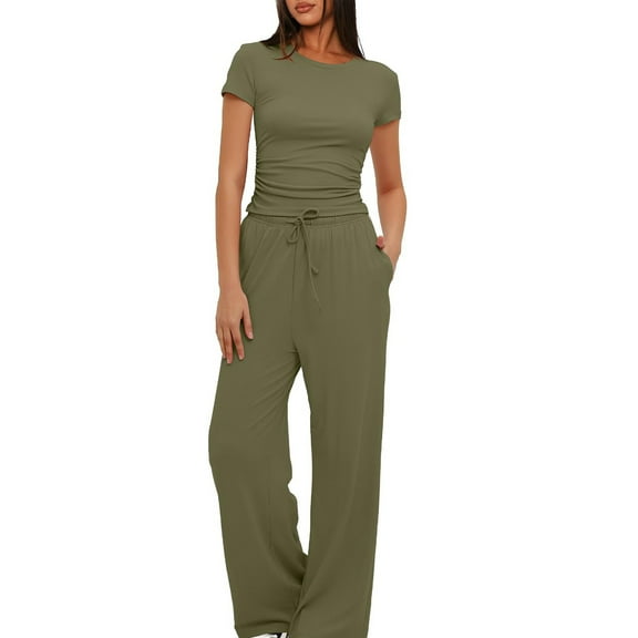 qolati 2 Piece Sets for Women Y2k Ruched Short Sleeve Crop Tops and High Waisted Wide Leg Pants Tracksuit Casual Fitted Workout Lounge Outfits Matching Sets