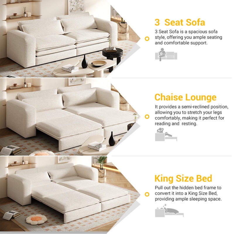 93" King Size Sleeper Sofa Bed, 3-in-1 Convertible Pull Out Couch, Chaise Lounge, Sherpa Fleece 3-Seater Upholstered Sofa with 2 Lumbar Pillows for Living Room, Apartment, and Office